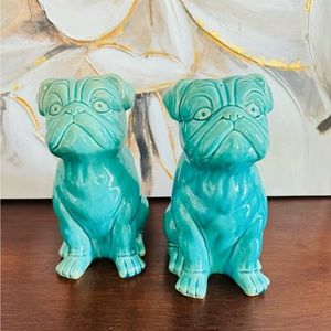 Pair Large Teal Blue Green  Porcelain Ceramic Pug Bulldog Dog Figurines Decor